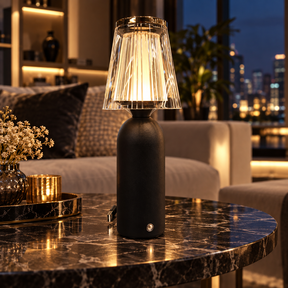 Fluted Crystal Shade Rechargeable Table Lamp