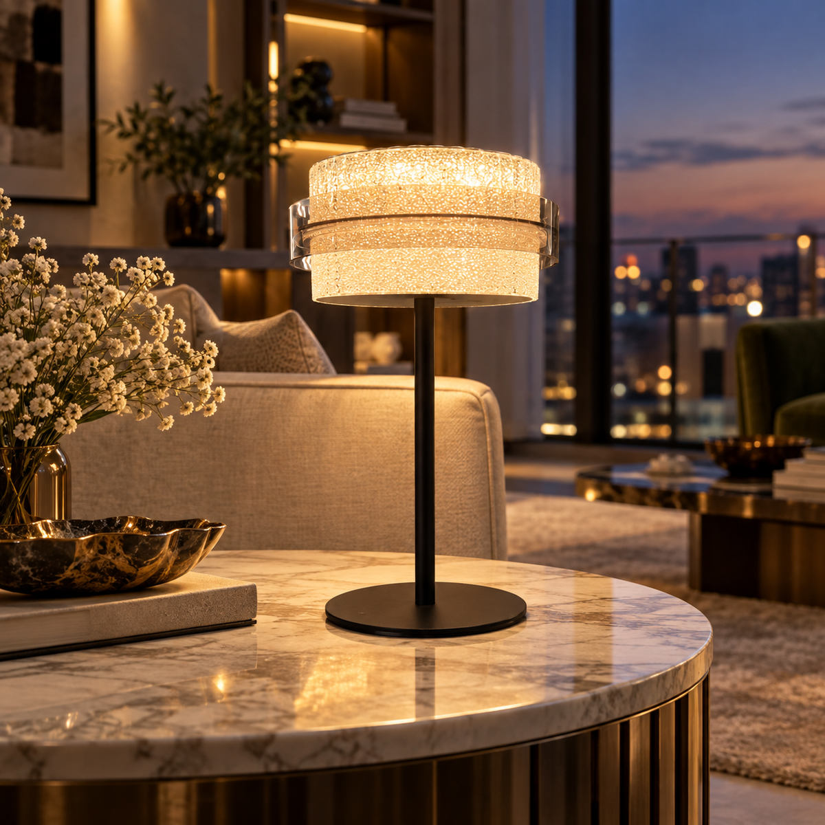 Crystal Drum Pedestal Table Lamp