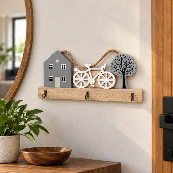 Bicycle and house wooden wall key holder with three hooks