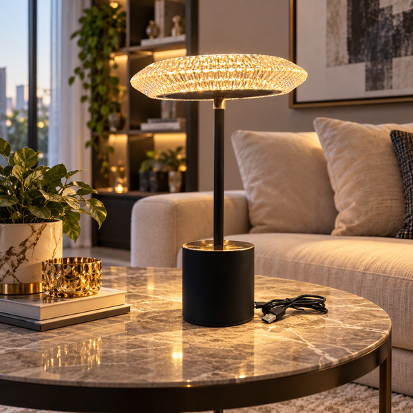 Black table lamp with illuminated crystal drum shade