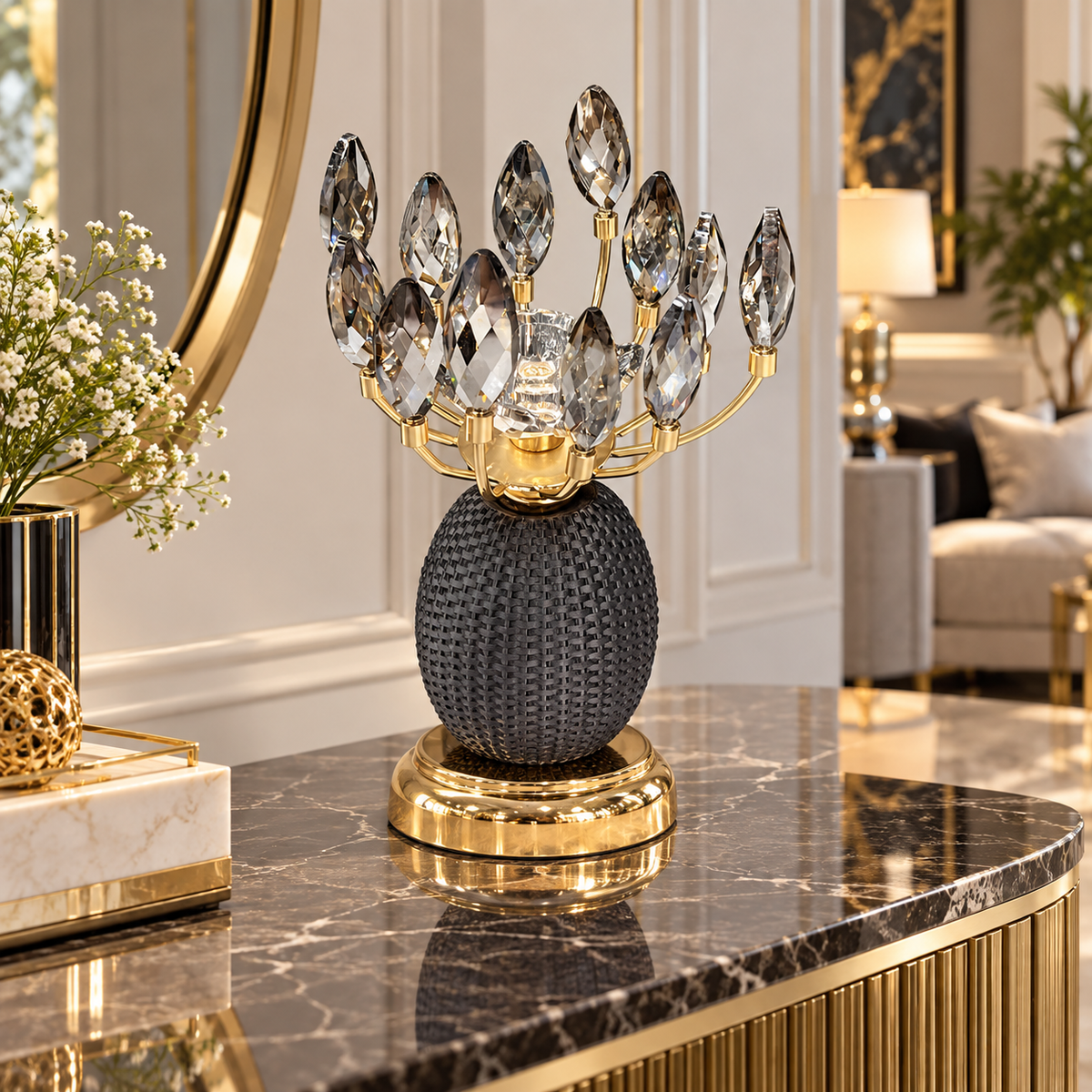 Black and gold crystal leaf candle holder