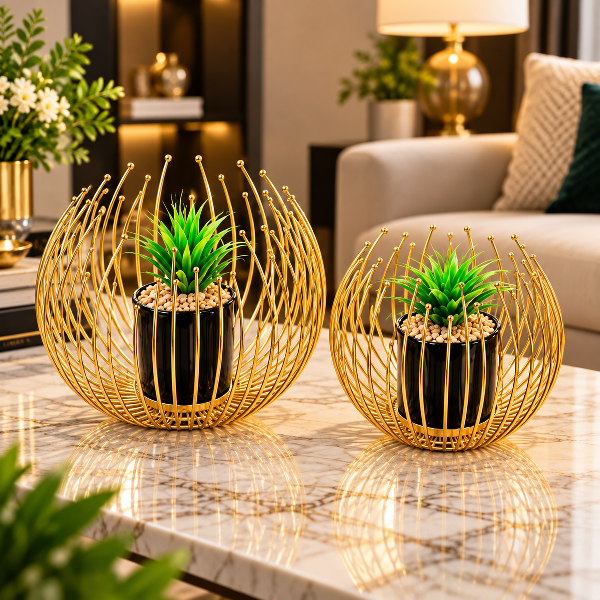 Two-piece crown design gold metal plant pot holder set
