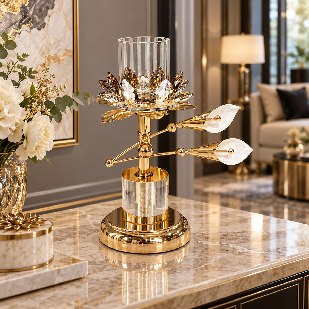 Gold crystal lotus and calla lily candle holder