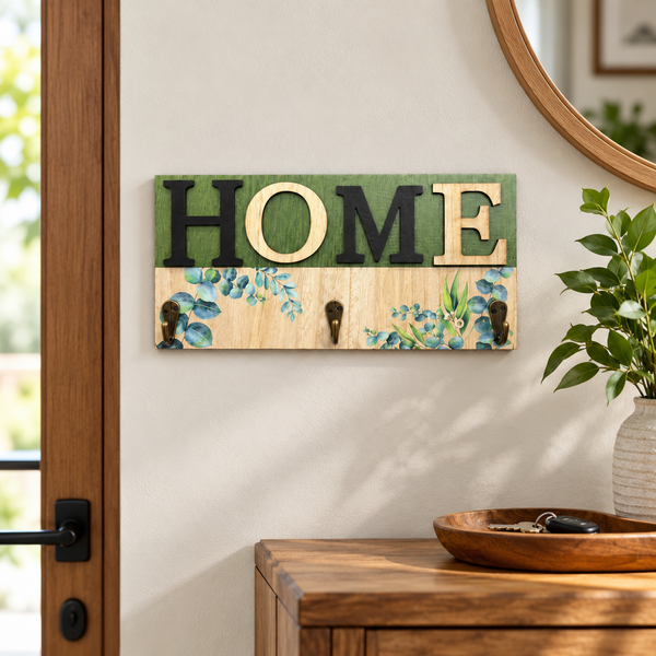 Floral HOME wooden wall key holder with three hooks
