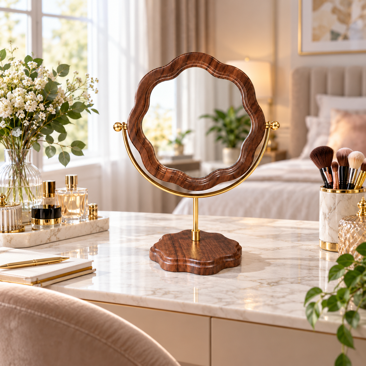 Flower-shaped wooden tabletop vanity mirror