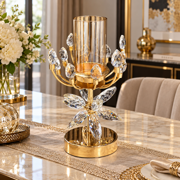 Gold floral crystal candle holder