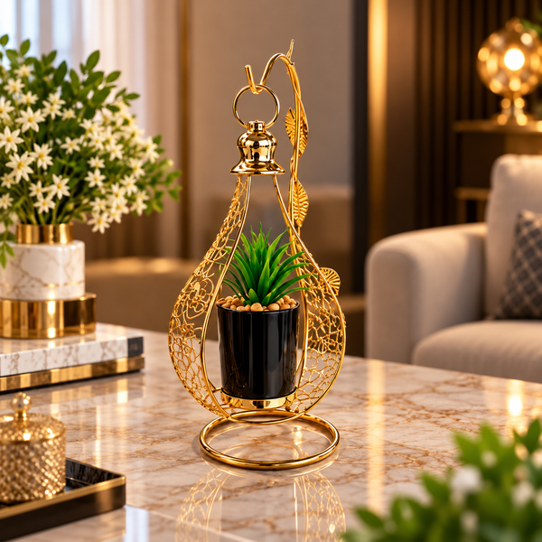 Luxury gold hanging metal flower pot stand with black planter