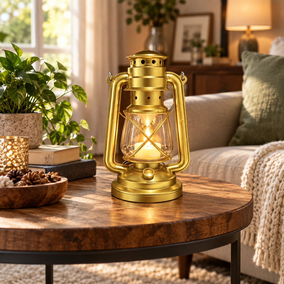 Gold hurricane lantern candle holder