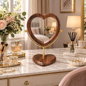 Heart-shaped wooden tabletop vanity mirror