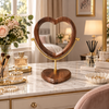 Heart-shaped wooden tabletop vanity mirror