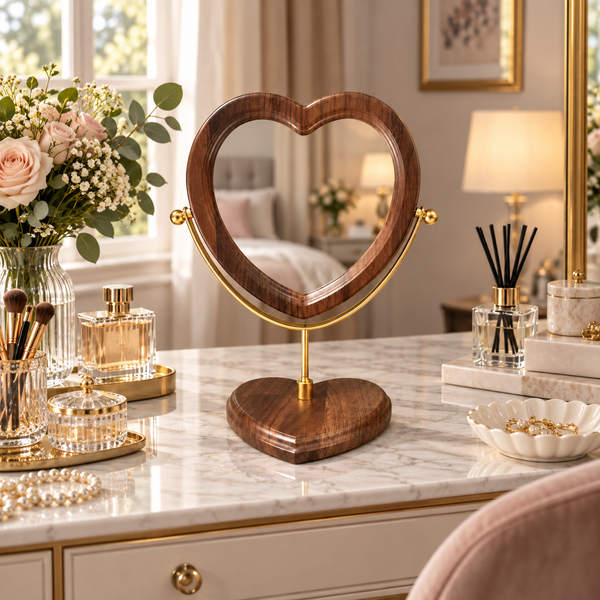 Heart-shaped wooden tabletop vanity mirror