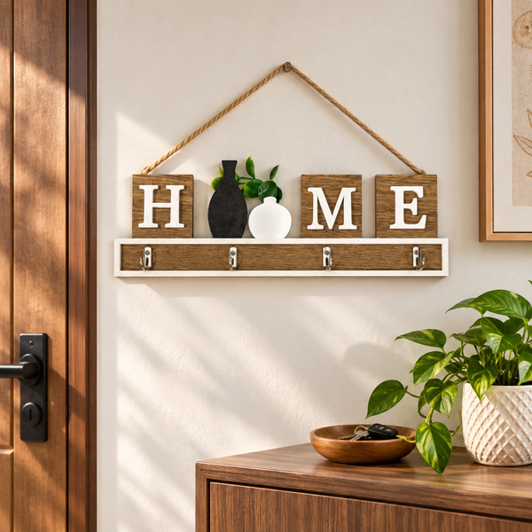 Rustic HOME wooden wall key holder with four hooks