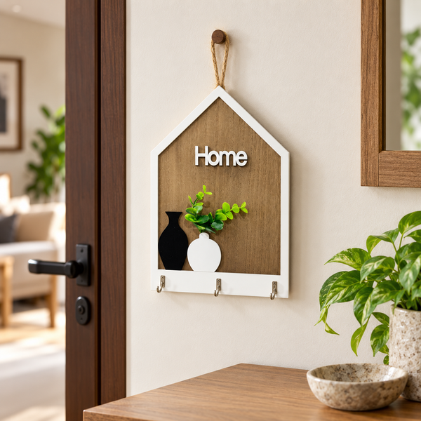 House-shaped wooden wall key holder with three hooks
