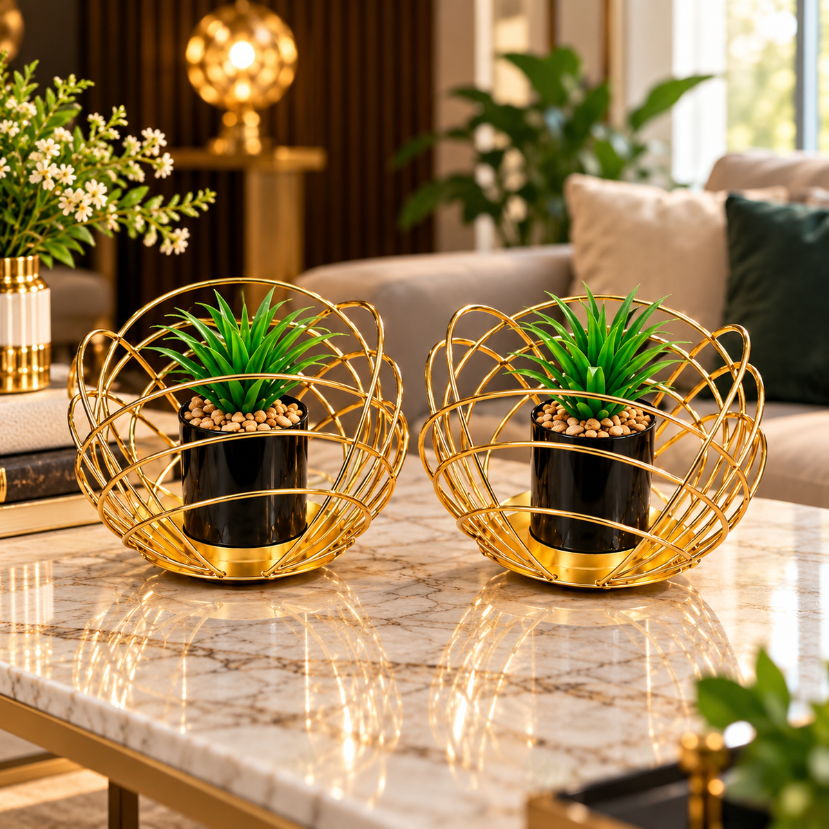 Two-piece gold metal decorative plant pot holder set