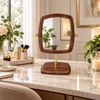Rounded square wooden tabletop vanity mirror