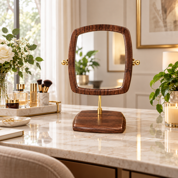 Rounded square wooden tabletop vanity mirror