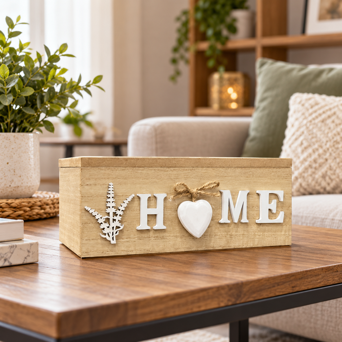 Rustic HOME wooden tissue box cover in a modern living room