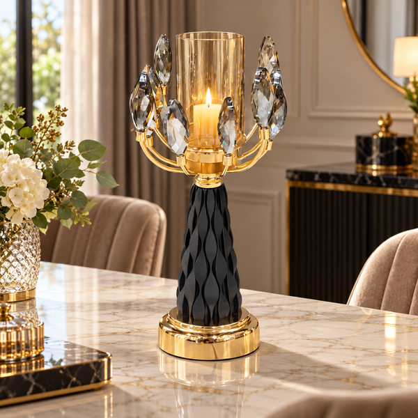 Tall black and gold crystal hurricane candle holder