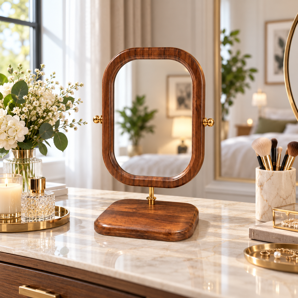 Tall rounded rectangle wooden tabletop vanity mirror