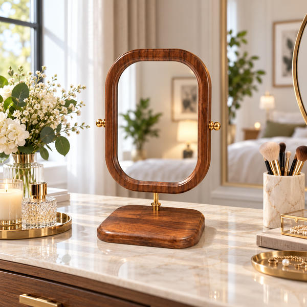 Tall rounded rectangle wooden tabletop vanity mirror