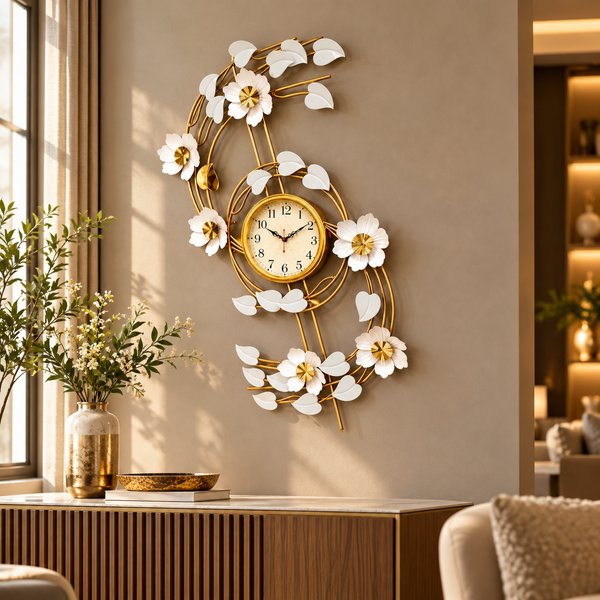 Gold Orchid Branch Decorative Metal Wall Clock
