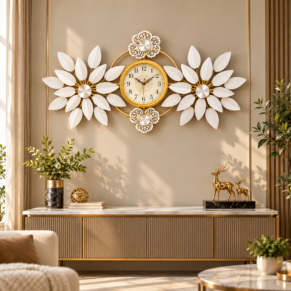 White Petal Floral Decorative Metal Wall Clock