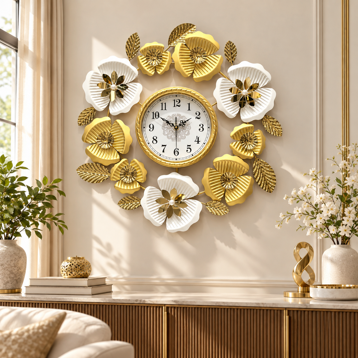 Gold Leaf and White Flower Decorative Metal Wall Clock