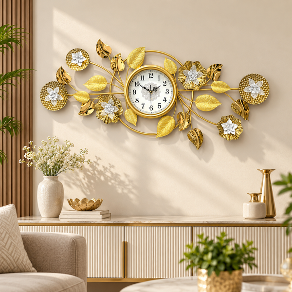Gold Botanical Floral Decorative Metal Wall Clock