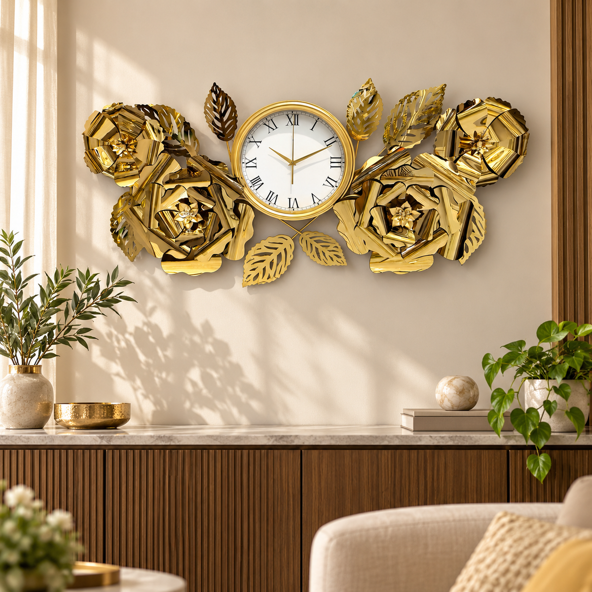 Sculpted Rose Luxury Decorative Metal Wall Clock