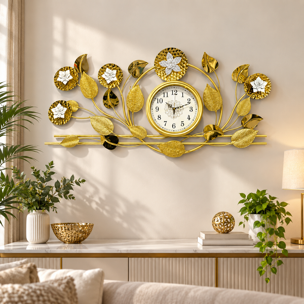 Gold Branch Crystal Flower Decorative Metal Wall Clock