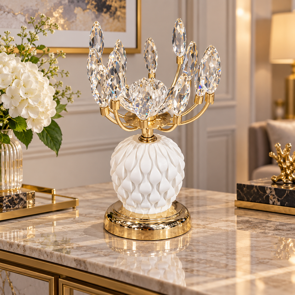 White and gold crystal leaf candle holder