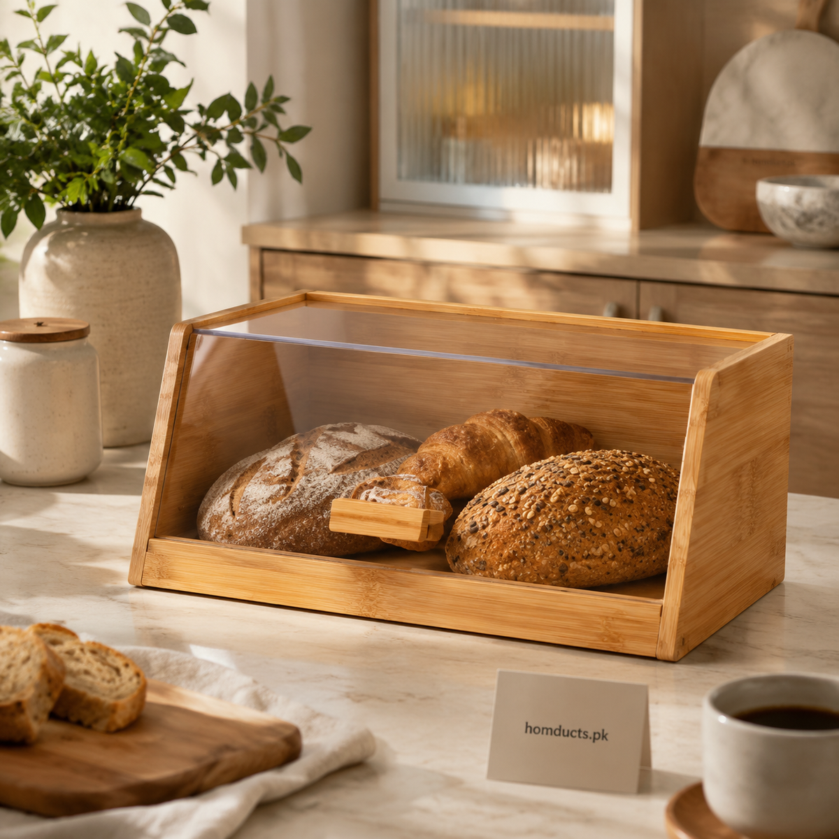 bamboo bread box with clear acrylic front lid