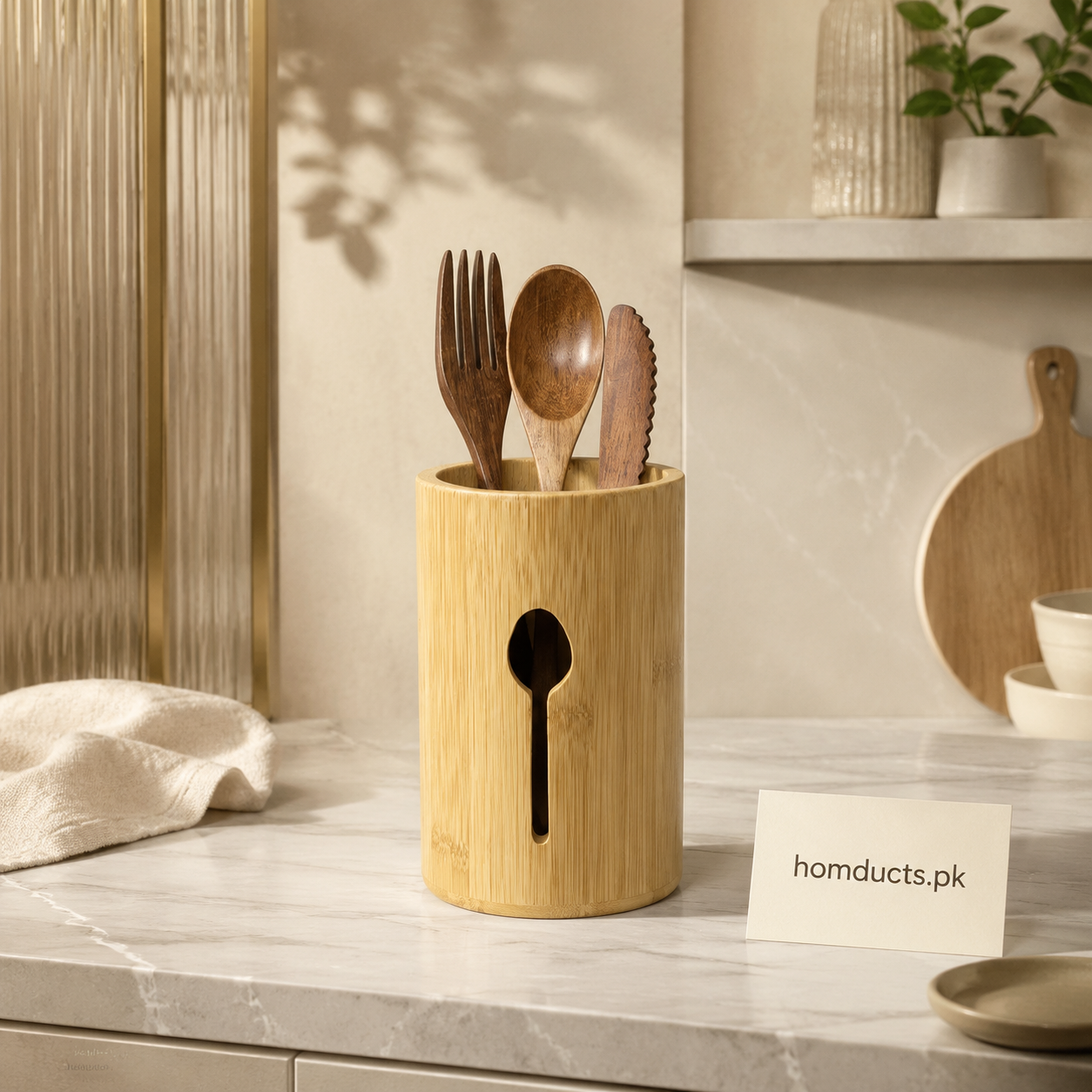 cylindrical bamboo wooden kitchen utensil holder with drainage slot