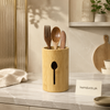 cylindrical bamboo wooden kitchen utensil holder with drainage slot