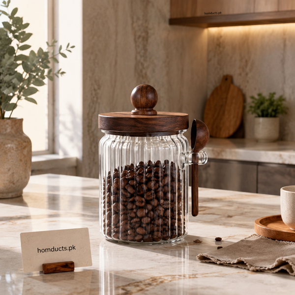 ribbed glass storage jar with wooden lid and spoon