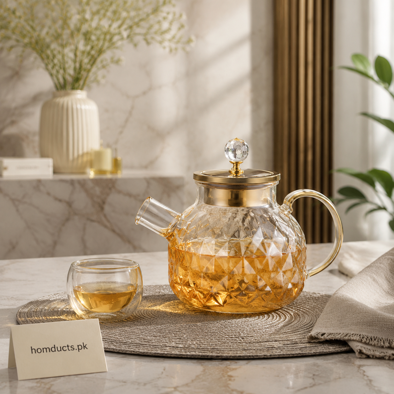 1000ml faceted glass teapot with golden lid