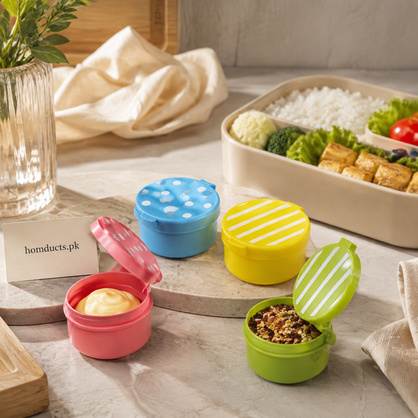 four piece colorful mini condiment and sauce box set