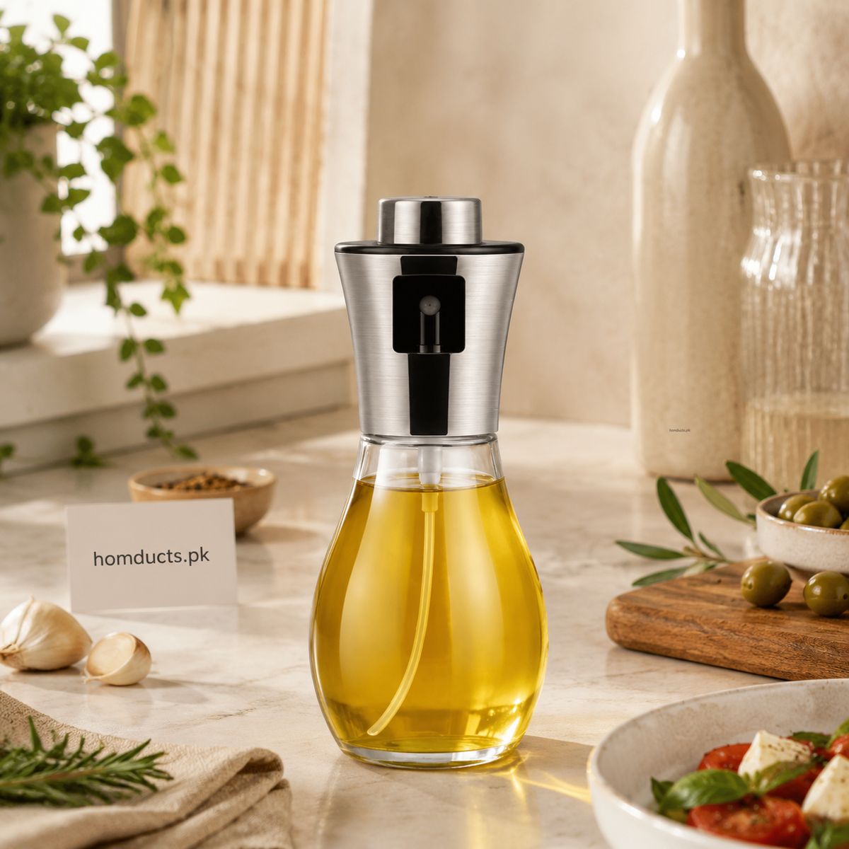 glass oil and vinegar spray dispenser with stainless steel top