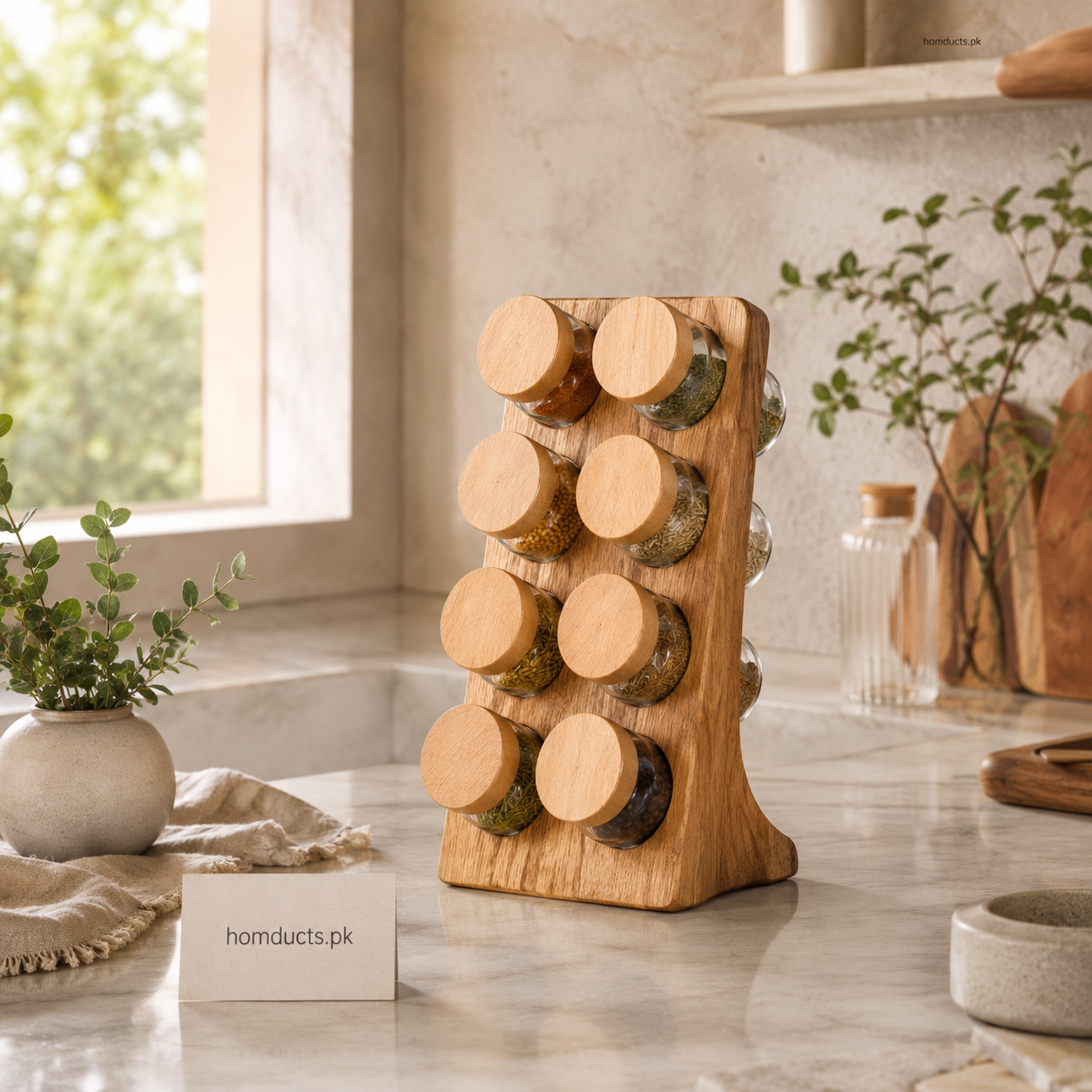 wooden spice rack organizer with eight glass jars